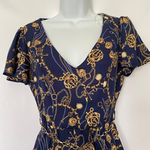 Navy Blue and Gold Chain Print Dress - Picture 2 of 12